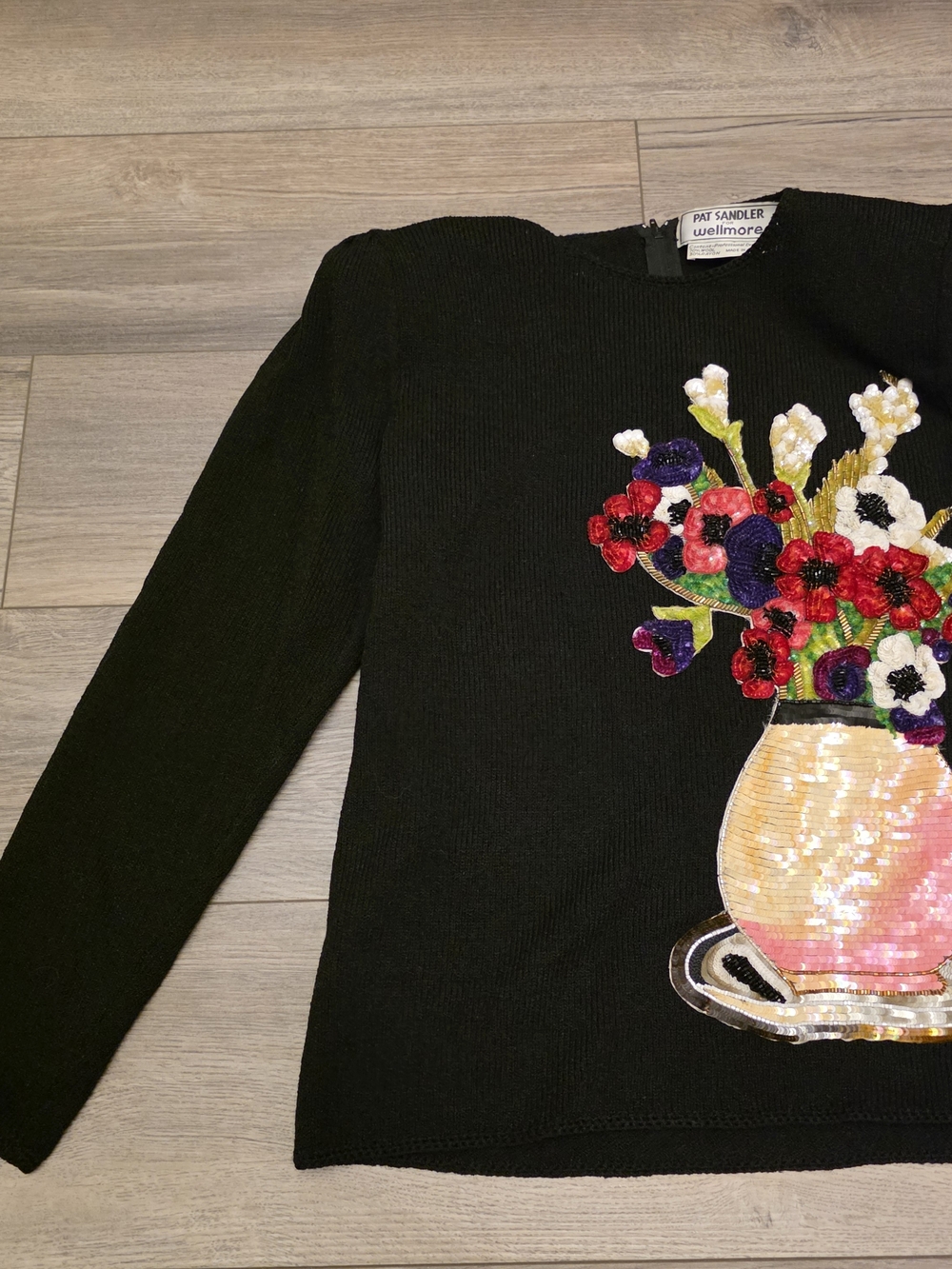 Vtg 80s Pat Sandler Wellmore Sequin Beaded Flower Vase Knit Top Size 10 - Picture 4 of 9